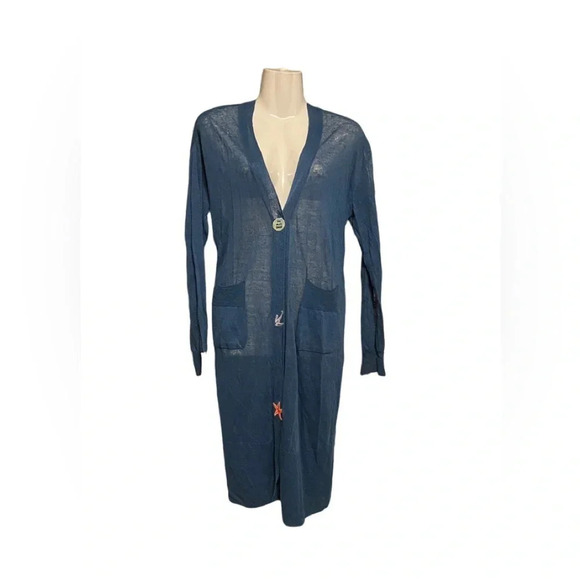 Stile Benetton Linen Nautical Patch Snap Button Duster Cardigan - Picture 1 of 12